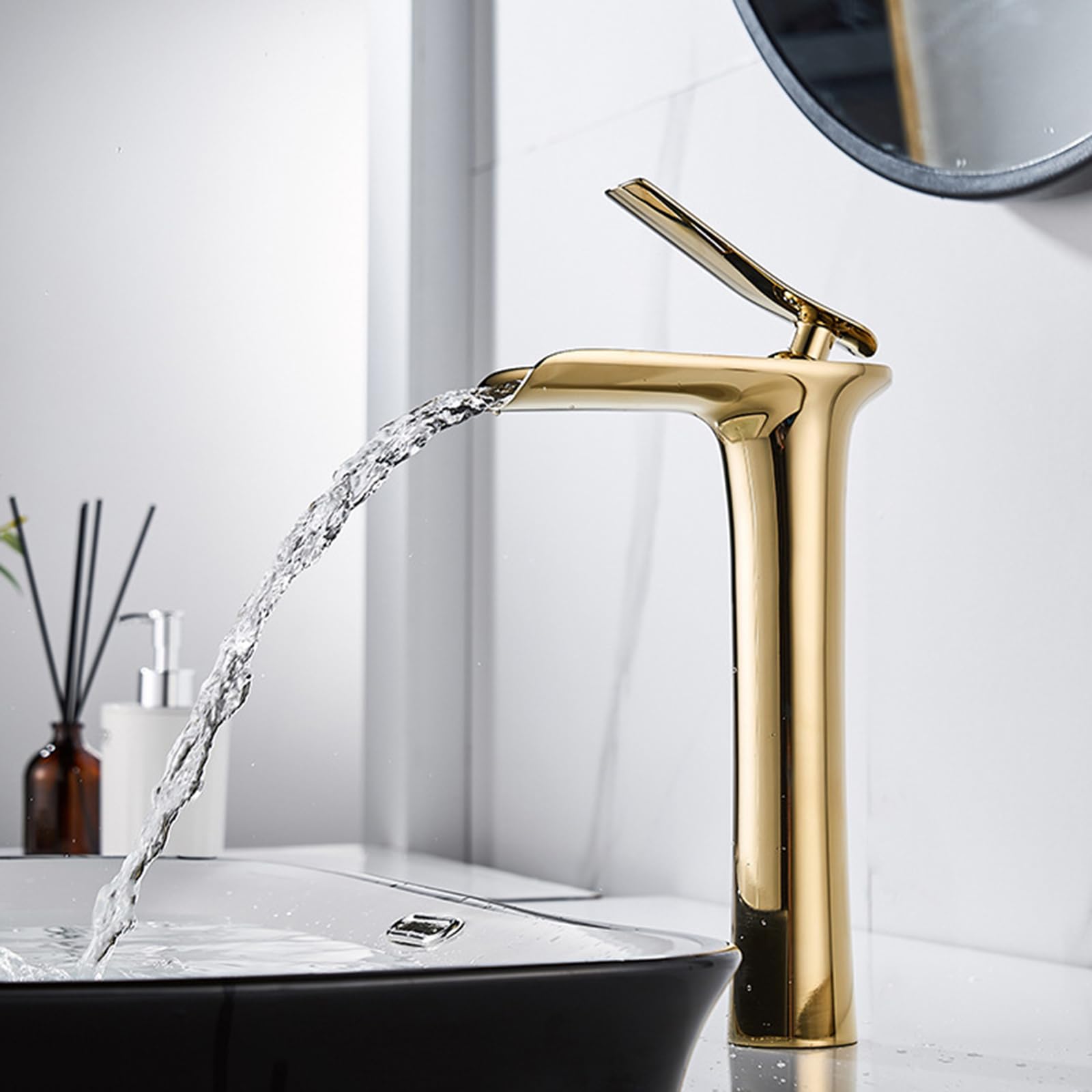 ANVLOJRIH Basin Mixer Tap Bathroom Sink Taps Basin Tap Waterfall Gold 1 Hole Single Lever Bathroom-Tall Lavatory Sink Faucet