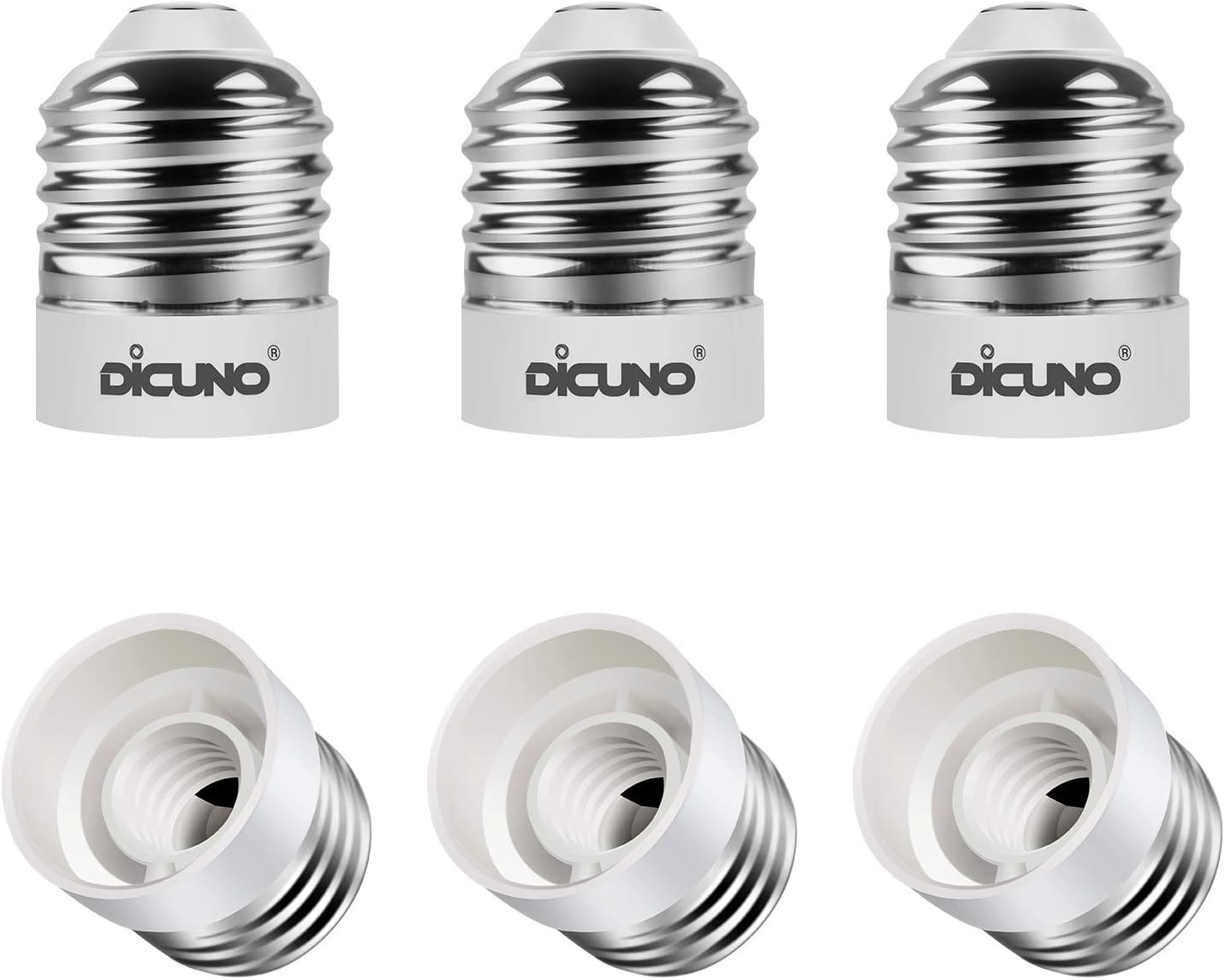 DiCUNO E26 to E12 Socket Adapter, Medium E26 to Candelabra E12 Base Bulb Converter, 0~120V Max 200W, 165℃ Heat-Resistant, Medium Socket Converter, 6-Pack
