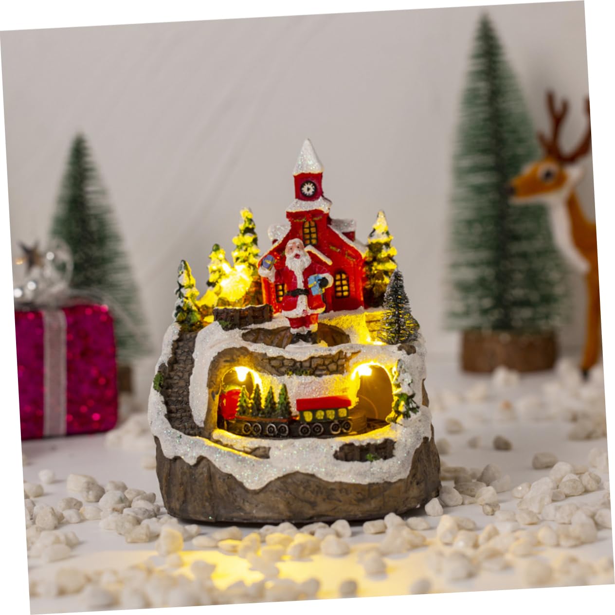 Cabilock 3 Piezas de Musica navideña estatuilla de la de Navidad Mini Pueblo navideño Tren de Navidad estatuilla de la iluminada en Miniatura iluminada de Navidad Resina