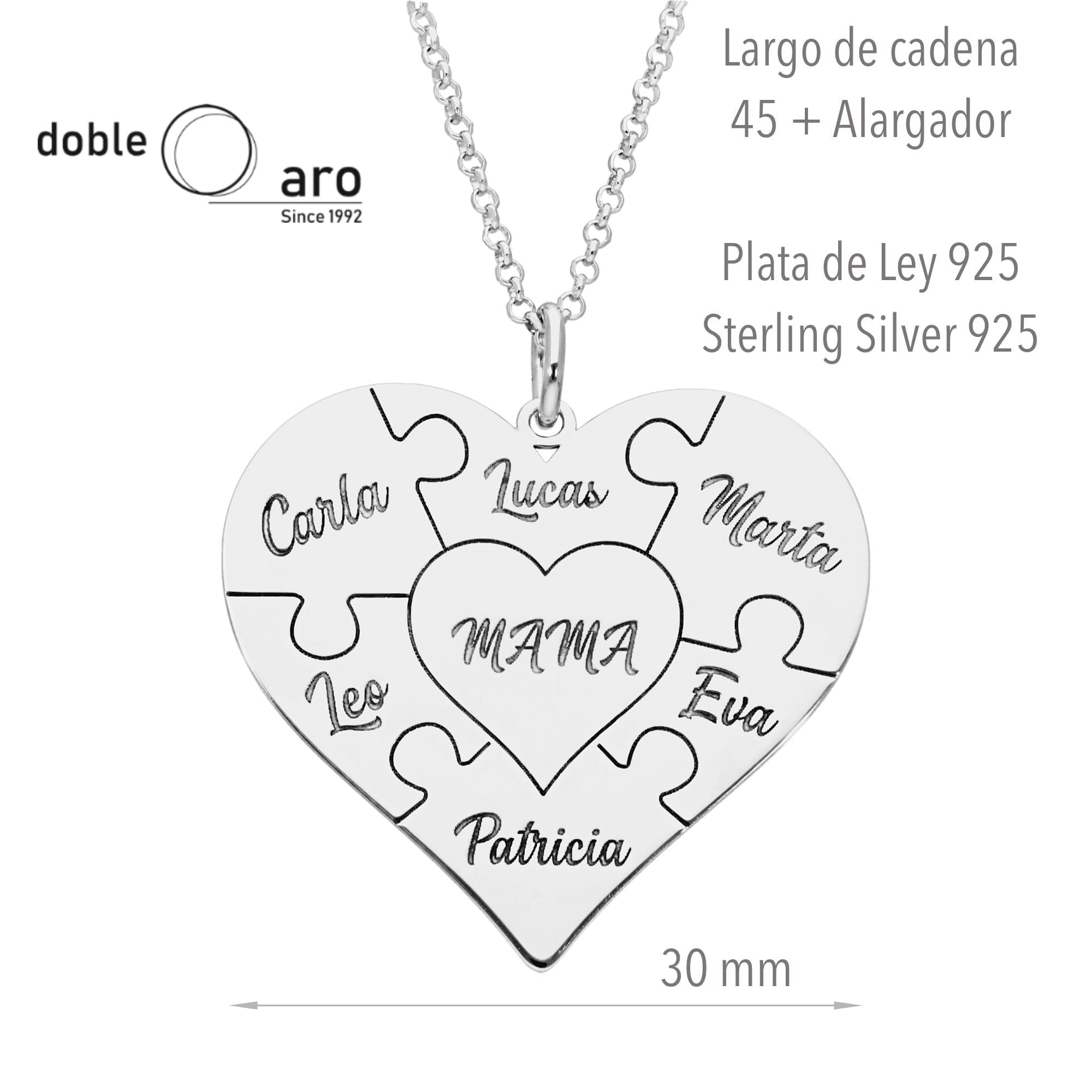 Colgante Corazón Puzzle Personalizado - Plata de Ley 925/1000 para Mujer o Niña con Cadena en 45cm + Alargador – Collar Corazón Puzzle, perfecto para cualquier ocasión