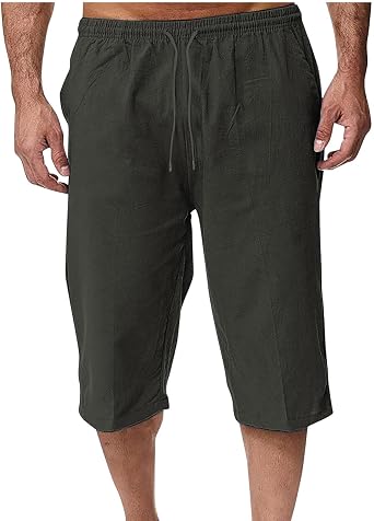 Mens Linen Shorts Capri Pants Baggy Drawstring Elastic Waist Beach Summer Cotton Athletic Shorts