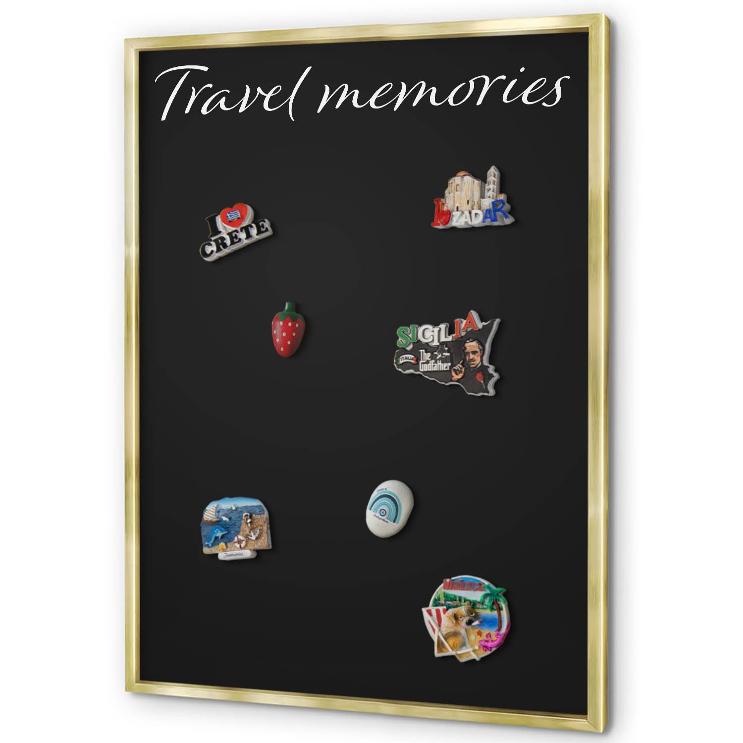 Organizador de Pared 70x100 cm | con Marco Dorado | Travel Memories | Montaje Fácil | Pizarra Magnética | Para Recuerdos de Viaje | Expositor de Imanes Turísticos y Fotos, Notas | Para Cocina