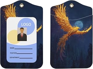 Leather Id Badge Holder Phoenix Soaring Ancient Moonlit Sky Card Case Protective with Lanyards for Work and Office