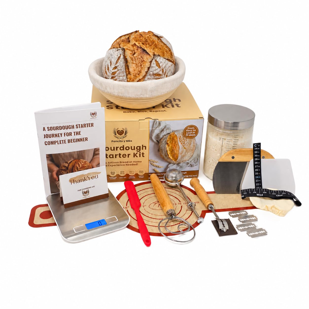 Komplettes Sauerteig-Starter-Kit für Anfänger - 13-teiliges Geschenkset mit 1,048.9 g Weithalsglas, Digitalwaage, Werkzeugen & Schritt-für-Schritt-eBook | Handwerkliche Brotherstellung