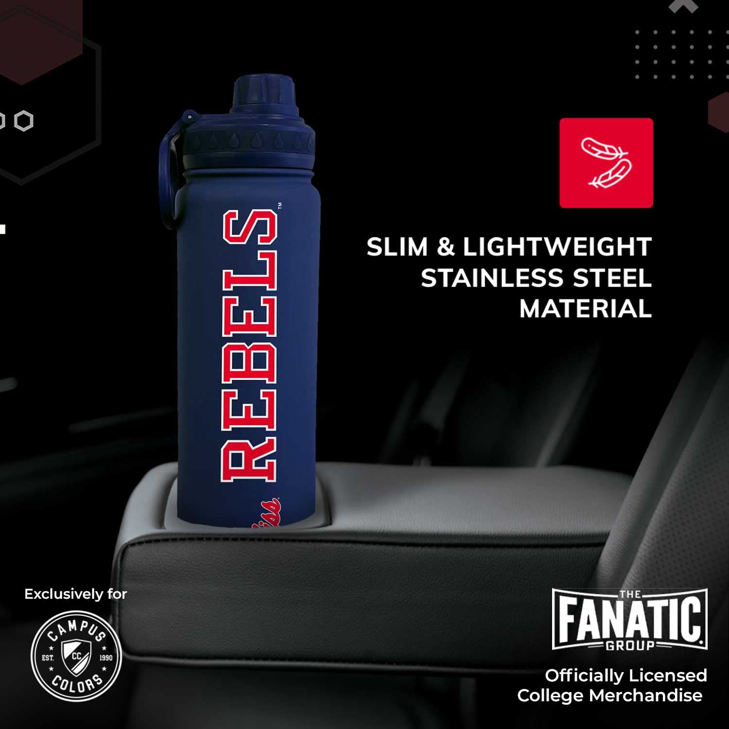 Campus Colors NCAA Edelstahl-Wasserflasche – Drehverschluss – 680 ml – Trageclip – hält Ihre Getränke stundenlang heiß oder kalt (Ole Miss Rebels – Königsblau)