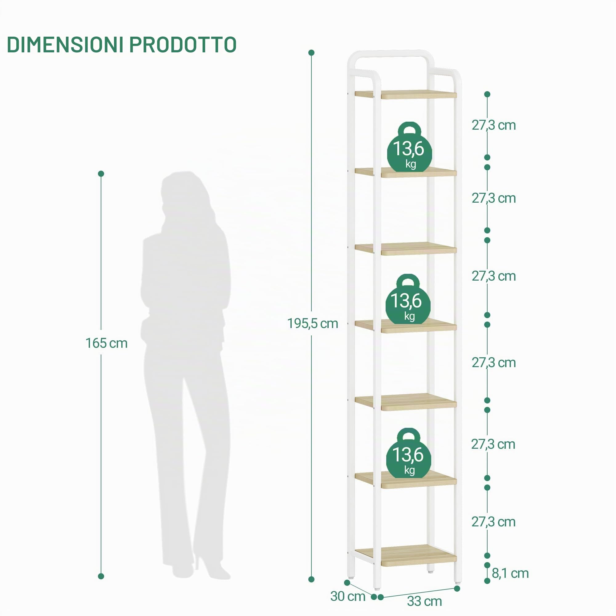 Hzuaneri Scaffale a 7 Ripiani, Libreria, Scaffale Stretto per Libri, Mensola D'angolo Industriale, Mensola Sottile per Ufficio, Soggiorno, Camera da Letto, Cucina, Quercia bianca e bianco BC24816W