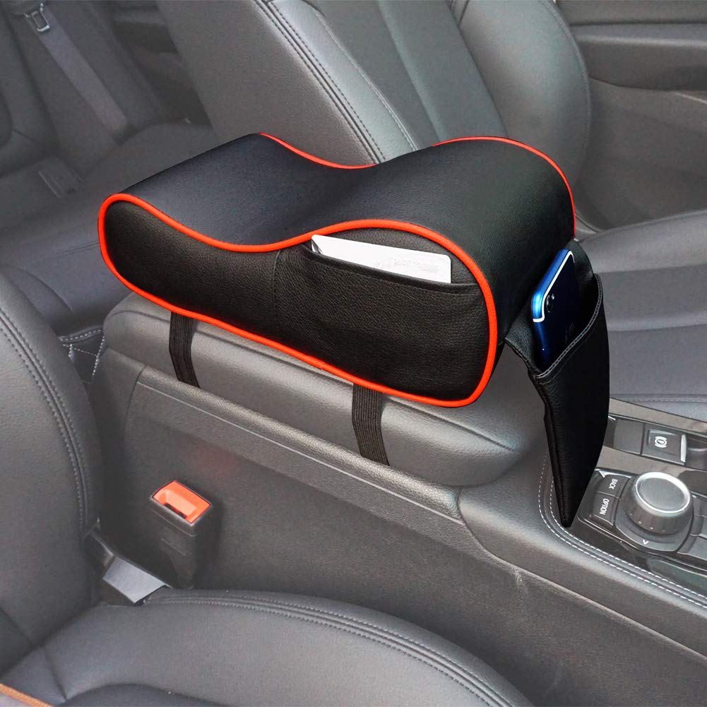 GSPSCN Car Center Console Armrest Pad Soft Memory Foam Pu Leather with Storage Pockets Seat Cushion (Black with Red)