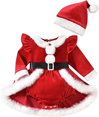 Baby Girl Christmas Outfit Fuzzy Trim Velvet Long Sleeve Romper Dress and Santa Hat 2 Piece Set