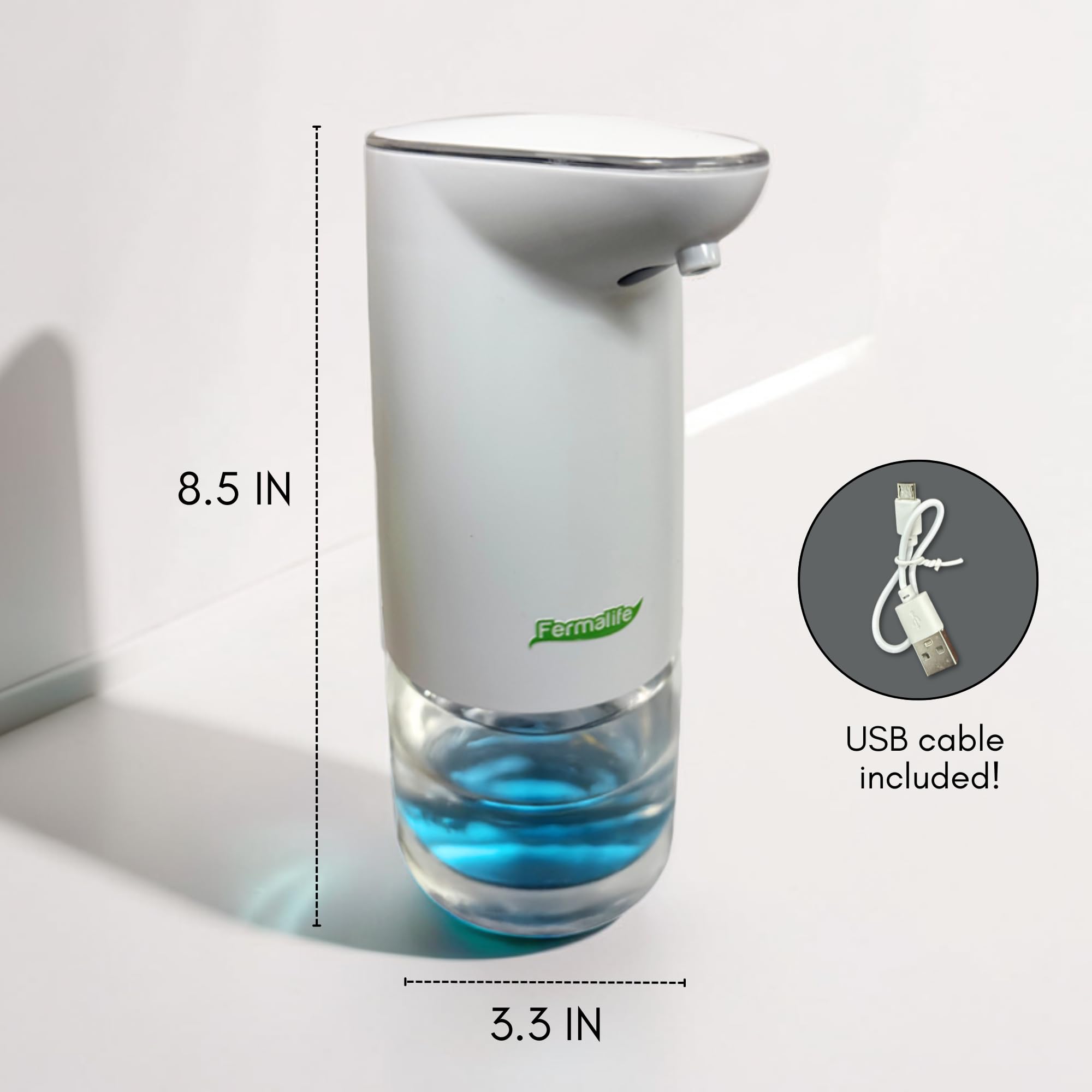 FERMALIFE Dispenser automatico di sapone in schiuma, ricaricabile tramite USB, senza contatto, ricaricabile, con pulsante di erogazione regolabile in schiuma, per cucina e bagno, 500 ml