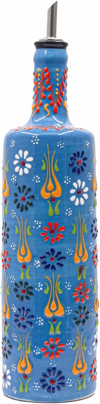 Graely Ceramic Oil Dispenser Hand Painted Patterned Carafe Decanter for Kitchen Light Blue