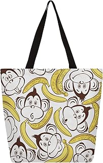 Sacola de lona para mulheres animal macaco banana sacolas grandes para homens com bolsos sacolas de compras resistentes sacolas de compras reutilizáveis, bolsa de ombro casual para escola, trabalho, praia, Multicor
