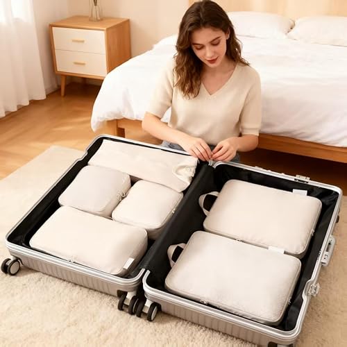 Miniatura 7 de Cubo de embalaje de compresión de viaje de 6 piezas - bolsa de viaje plegable expandible, bolsa de almacenamiento de equipaje (beige)