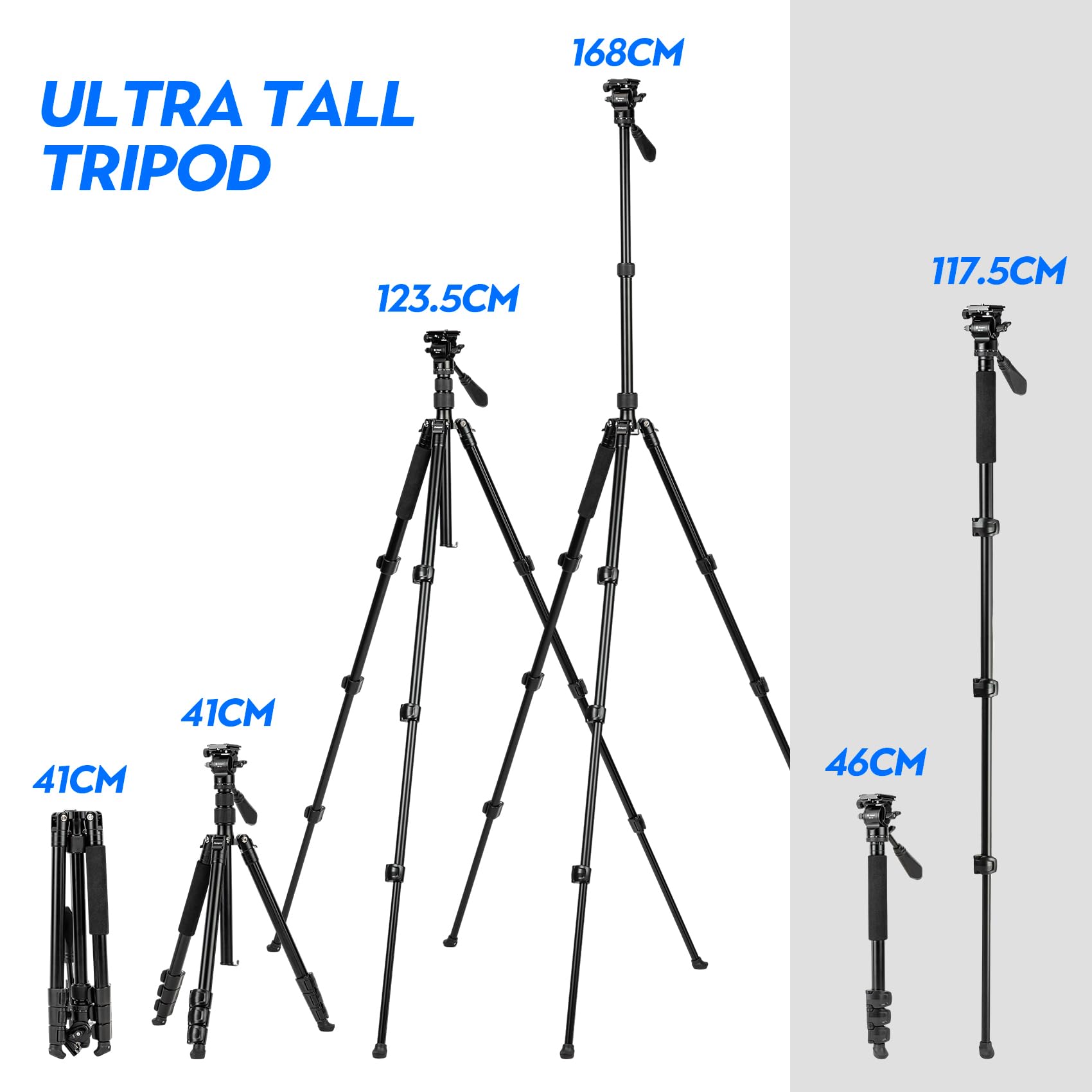 Fotopro Trípode de 168 cm/66 Pulgadas, trípode de Viaje de Aluminio y monopié con Cabezal de Fluido de 360°, trípode Profesional para cámara réflex Digital Canon Nikon Sony, Carga hasta 10 kg/22 lbs