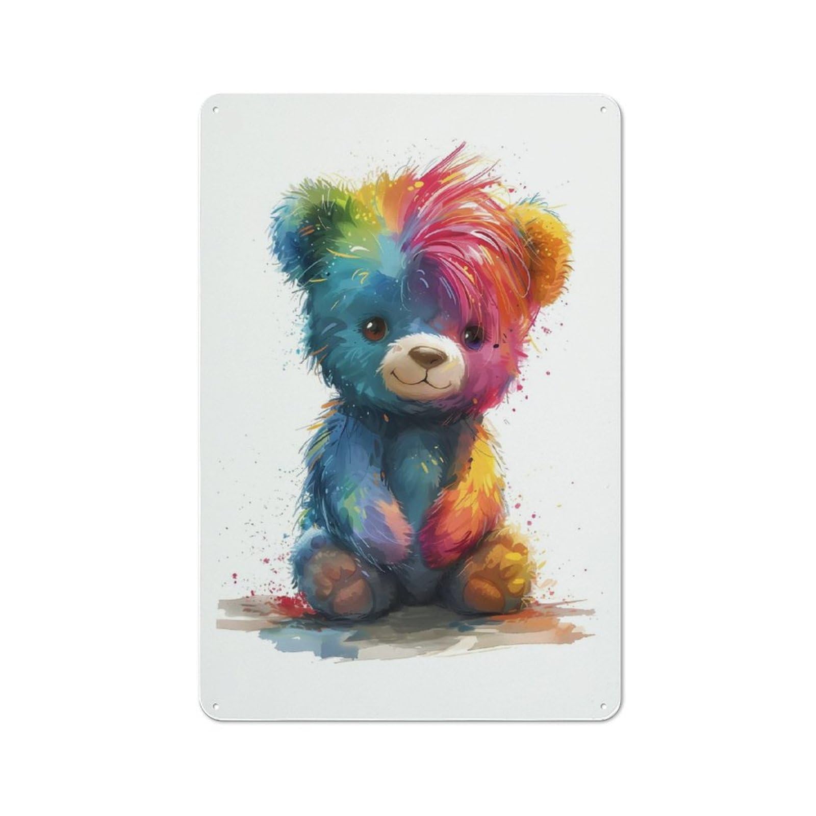 Junmoney Rainbow Teddy Bear Tin Sign 30X20cm For Workshop Wall, Retro Wall Decor, Suited To Metal Sign Collectors