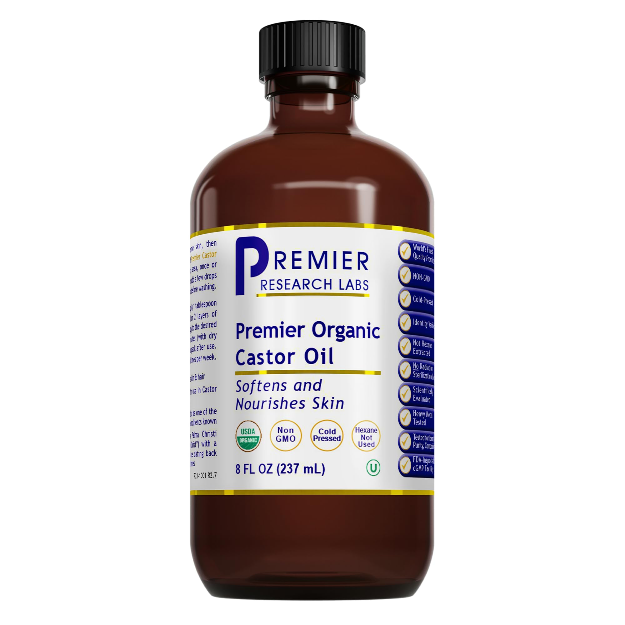 Premier Research Labs Organic Castor Oil for Face - Cold Pressed 100% Pure Castor Oil for Hair Growth, Skin & Body, Hexane Free - 8 Oz Bottle