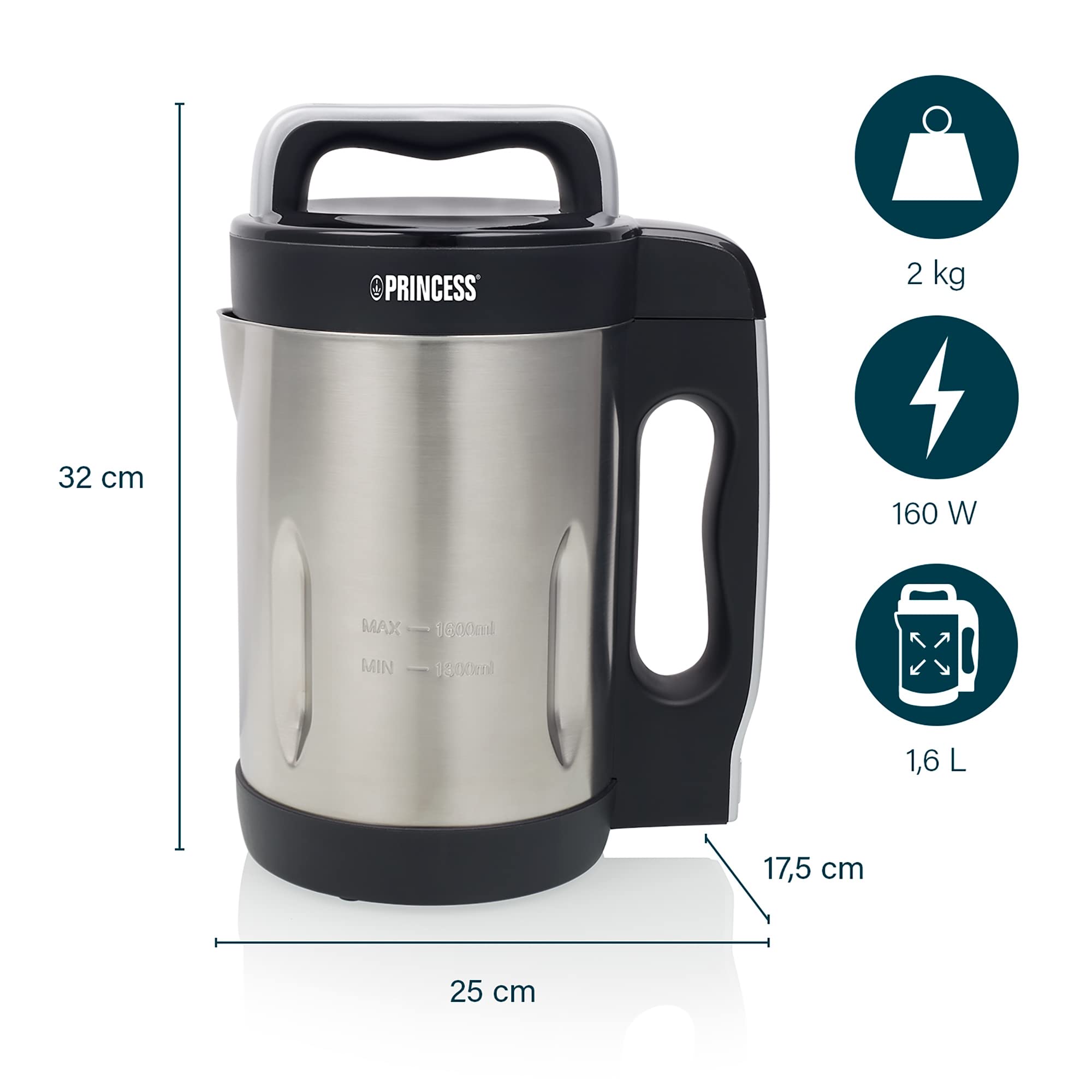 Princess Suppenmixer XL – 1,6 L – Edelstahl – 160 W – 6 Programme – 214001