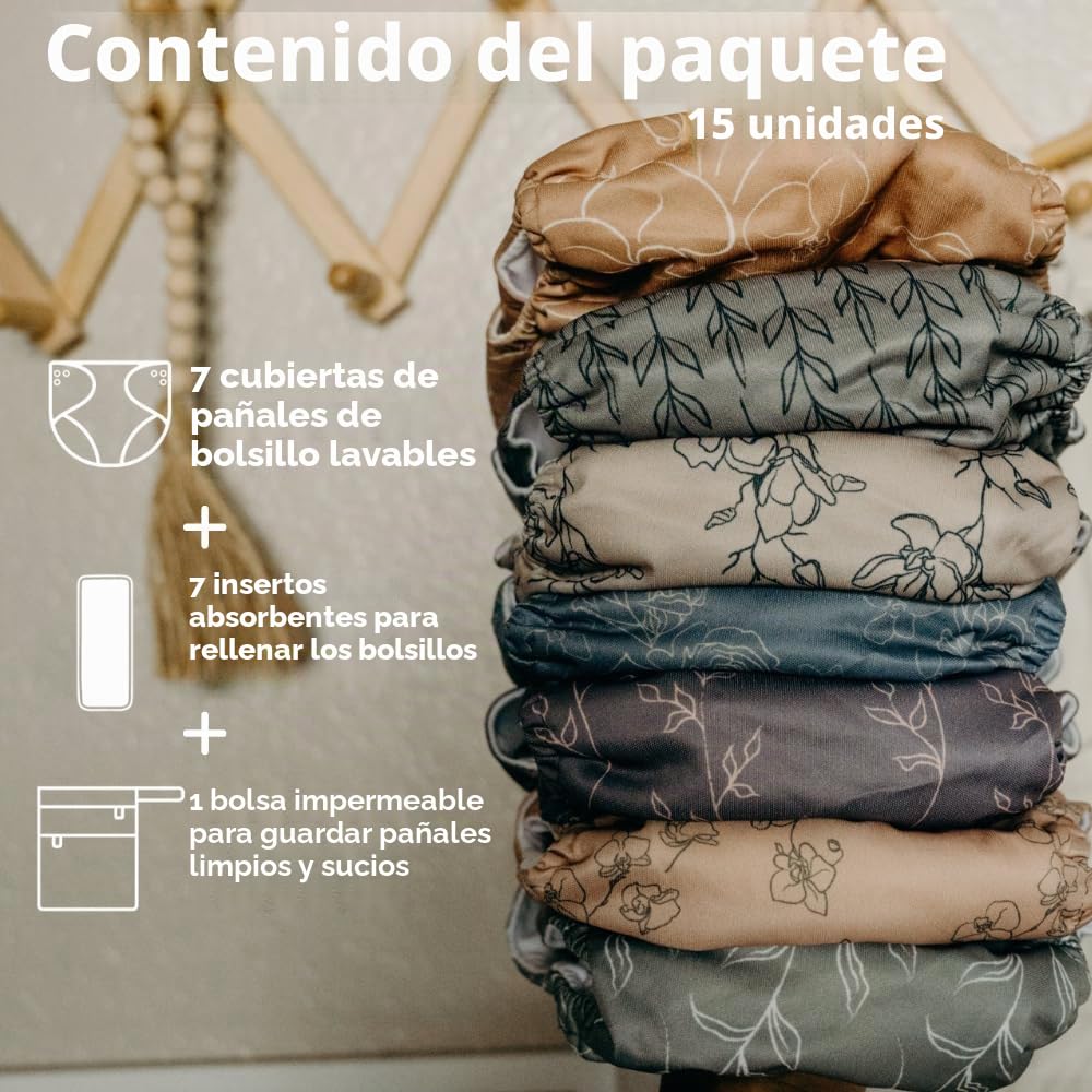 Nora's Nursery Paquete de 7 pañales de tela con 7 insertos y 1 bolsa húmeda, funda impermeable, lavable, reutilizable y tamaño único, pañales de bolsillo ajustables para recién nacidos y niños