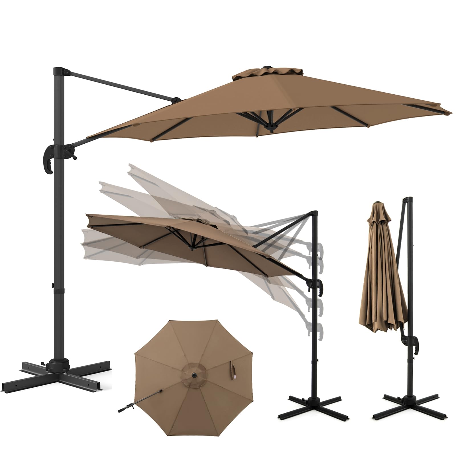 RELAX4LIFE Parasol Déporté 3x3M Rotatif à 360° (base croisée,Marron)