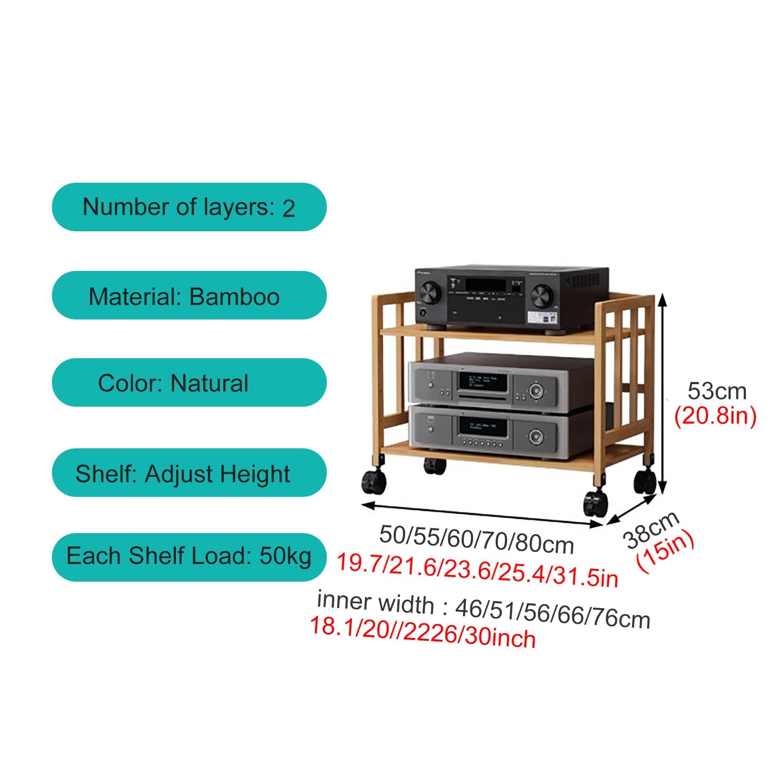 JYHHCYS Mobile Bamboo Audio Rack Cabinet Stereo Component Stand On Wheels, Multi-Layer Upright Record Player Amplifiers Media Shelf with Adjustable Shelf (Color : 2 tier-53CM Tall, Size : W-60CM)