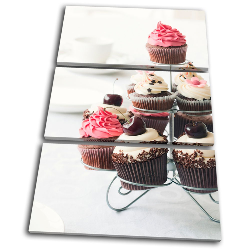 Bold Bloc Design - Food Kitchen Cherry Cupcakes - 60x40cm Canvas Art Print Box Framed Picture Wall Hanging - Hand Made in The UK - Framed and Ready to Hang