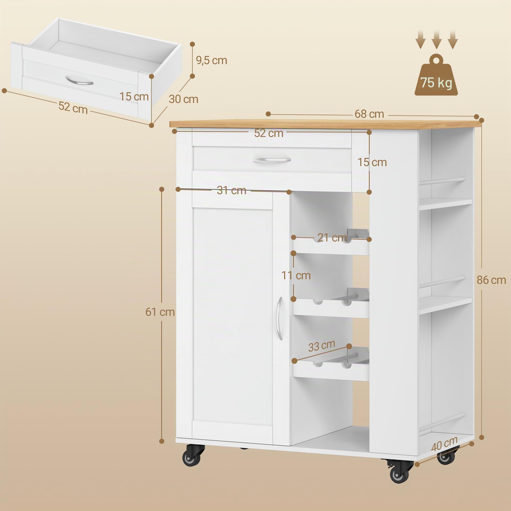 Hzuaneri Carrello Cucina, Mobile Cucina, Scaffale 3 Ripiani con Espositore per Vino, Mobile Multifunzione con Ruote, per Cucina, Soggiorno e Sala da Pranzo, 40 x 68 x 86 cm, Bianco ST03003W