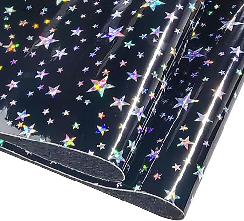 Miniatura 2 de JINR - Hojas de piel sintética con estampado de arco iris con purpurina y estrellas, 12 x 53 pulgadas, rollo de tela de poliuretano iridiscente