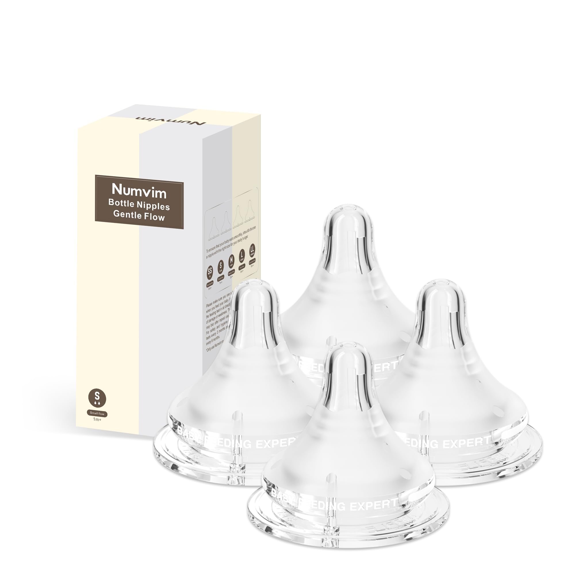 Silicone Bottle Nipple with Latch-On Point, Gentle Flow, Natural Feel (1m+, S, 4 Counts)