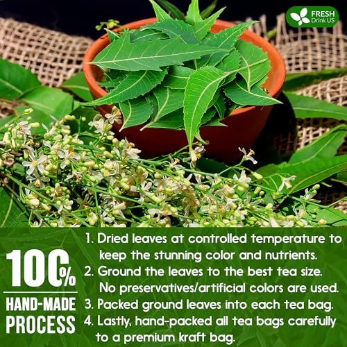 Image of FreshDrinkUS, Premium 75 Neem Leaf Tea Bags, 100% Natural and Pure from Neem Leaves. Loose Leaf Neem Herbal Tea. Neem Leaf Tea. No Sugar, No Caffeine, No Gluten, Vegan.