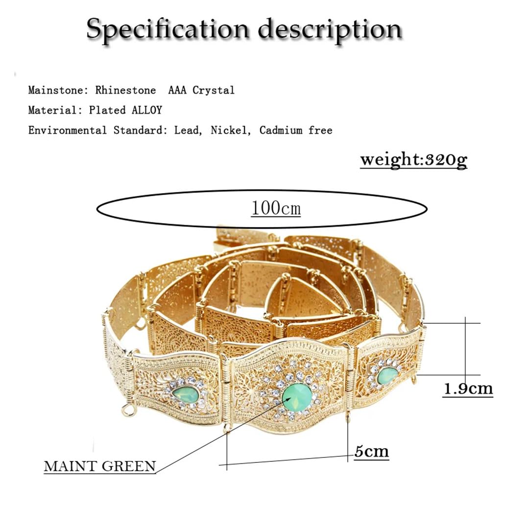 Crystal - Cinturón para mujer, diseño marroquí, caftán, cadena de cintura, chapado en oro y plata, longitud ajustable