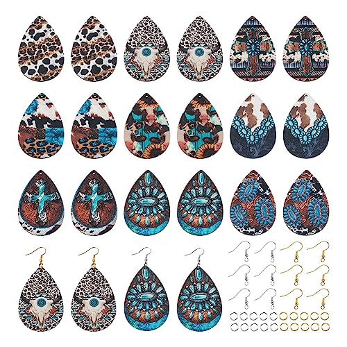 Elecrelive Teardrop Wood Earring Making Kit 36pcs Western Style Printed Earring Charms Boho Vintage Wood Pendants with Cowhead Turquoise Cross Pattern for DIY Jewelry Making