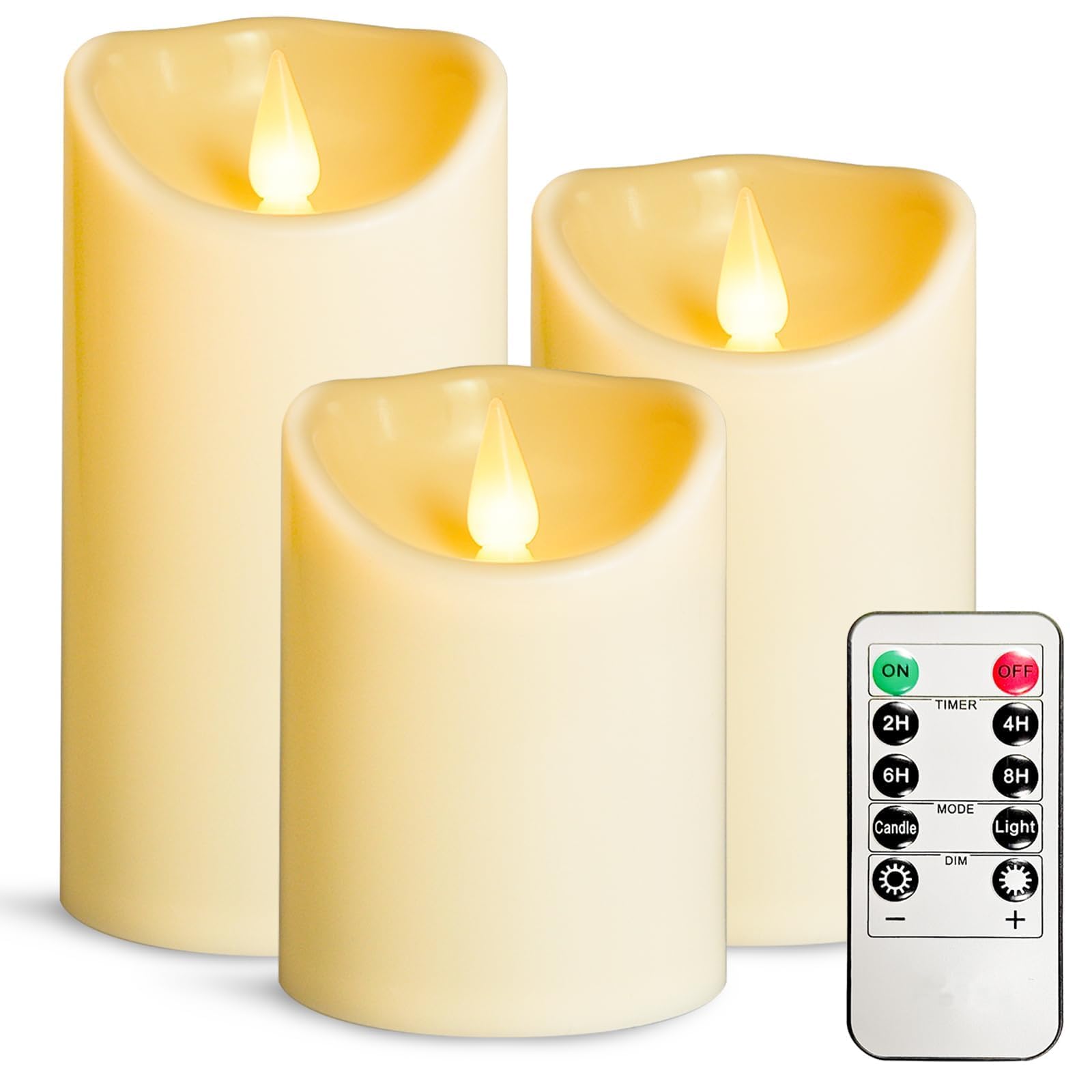 LEOSAN Velas LED sin llama, velas parpadeantes para interiores y exteriores, funcionan con pilas, temporizadores remotos, no se derriten, plástico marfil de 3 pulgadas de profundidad x 4 pulgadas de
