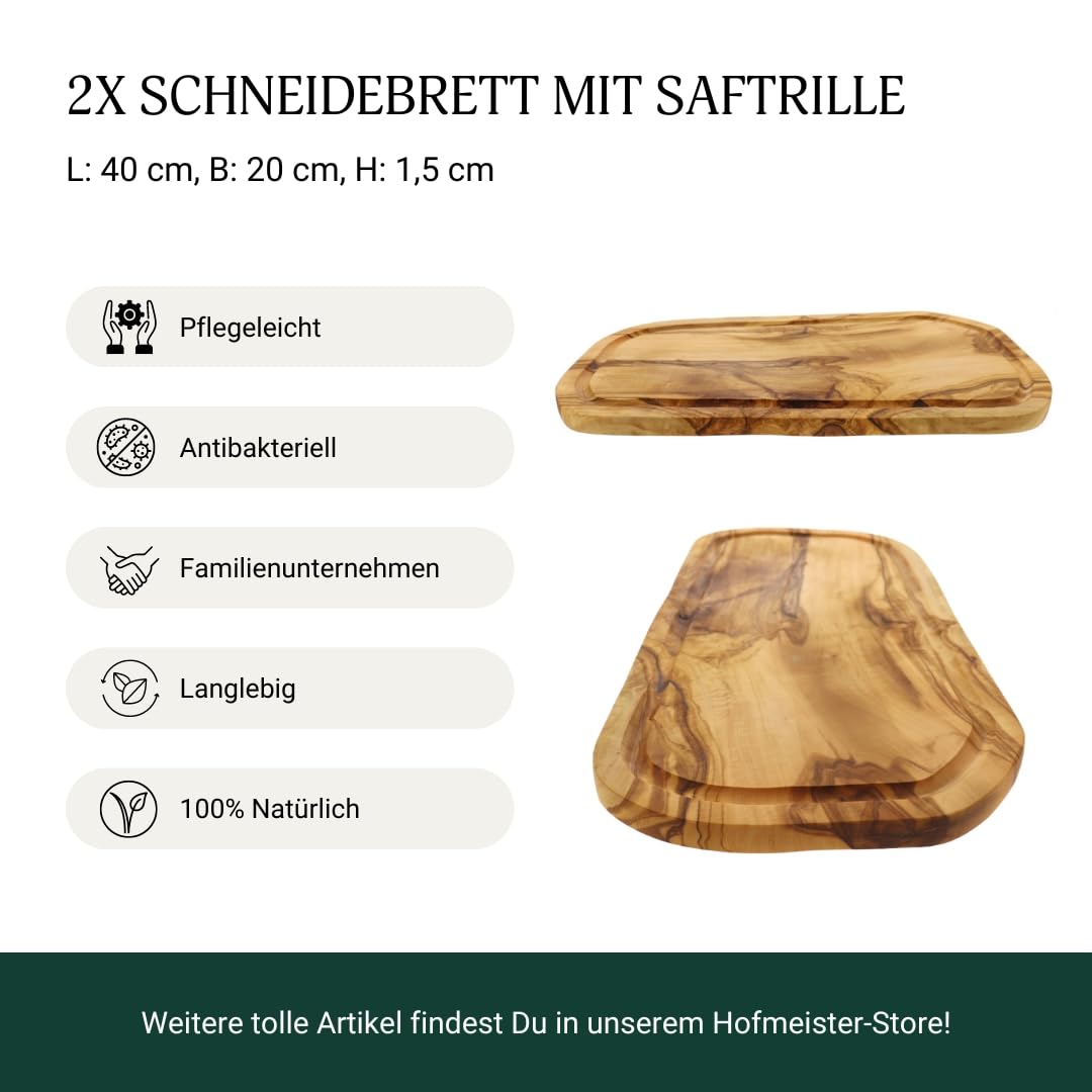 2x HOFMEISTER® Schneidebrett Saftrille Olivenholz - praktisches Set aus zwei Brettern aus Olive mit typischer Maserung, Doppelpack, Naturschnitt, 40 cm Länge