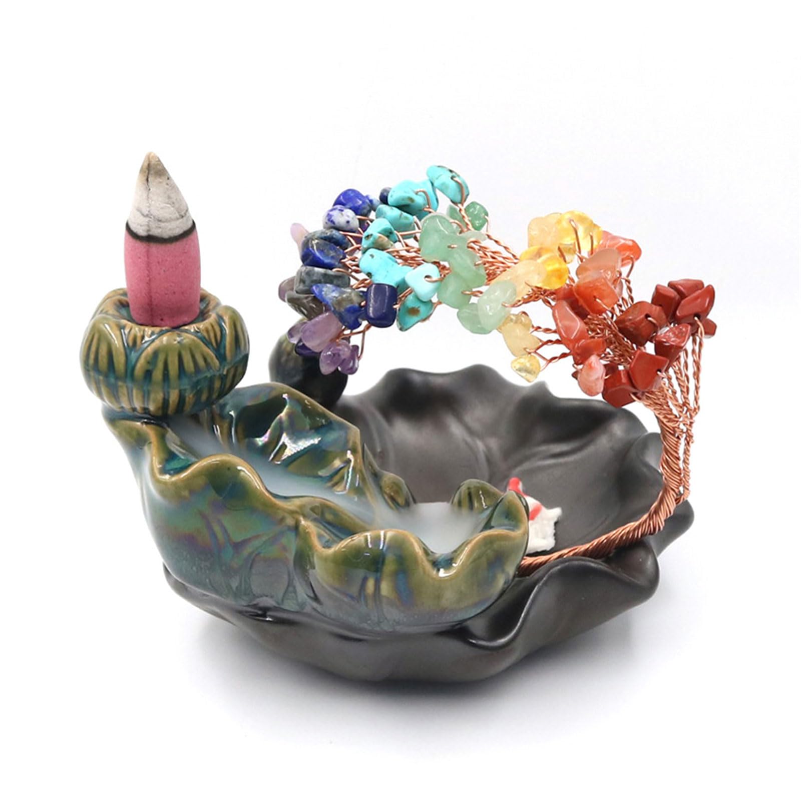 Porta incenso a flusso inverso, con albero di cristallo, cascata, in ceramica, per aromaterapia