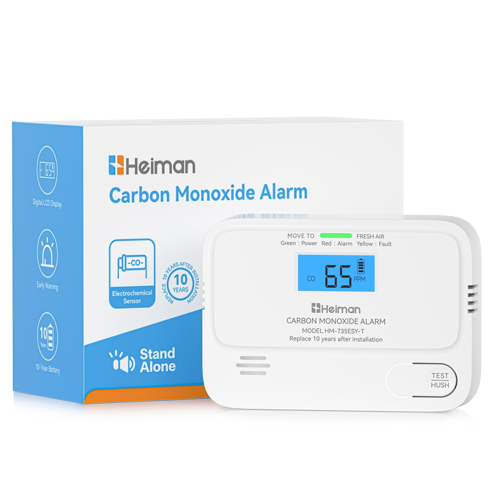 Heiman Carbon Monoxide Detector, 10-Year Battery Carbon Monoxide Alarms for Home, CO Alarm with Digital LCD Display, Audible & Visual, Pre-Alarm - BSI rated, EN 50291 Standard