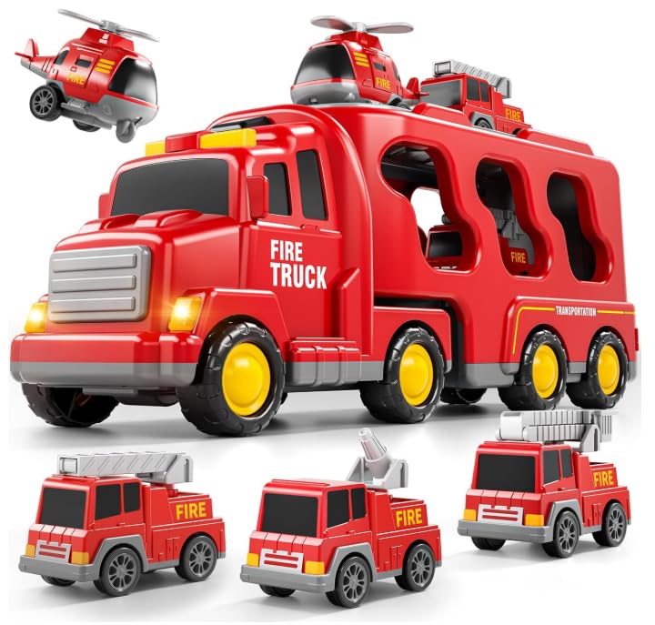 Kid Truck Toys for 3 4 Years Old Boys5 in 1 Fire Engine Trucks for 3+ Boys & GirlsFriction Power Car Carrier Transport Vehicle for 5 6 Years Old with Light & Sound Kids Birthday Gifts