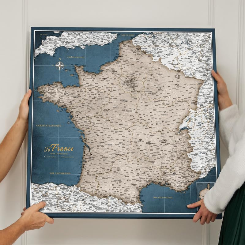 Carte de France sur toile avec tableau d'affichage en liège pour épingler les destinations - Tableaux de toile de carte de France de haute qualité de différentes tailles (80x80 cm Modèle 4)