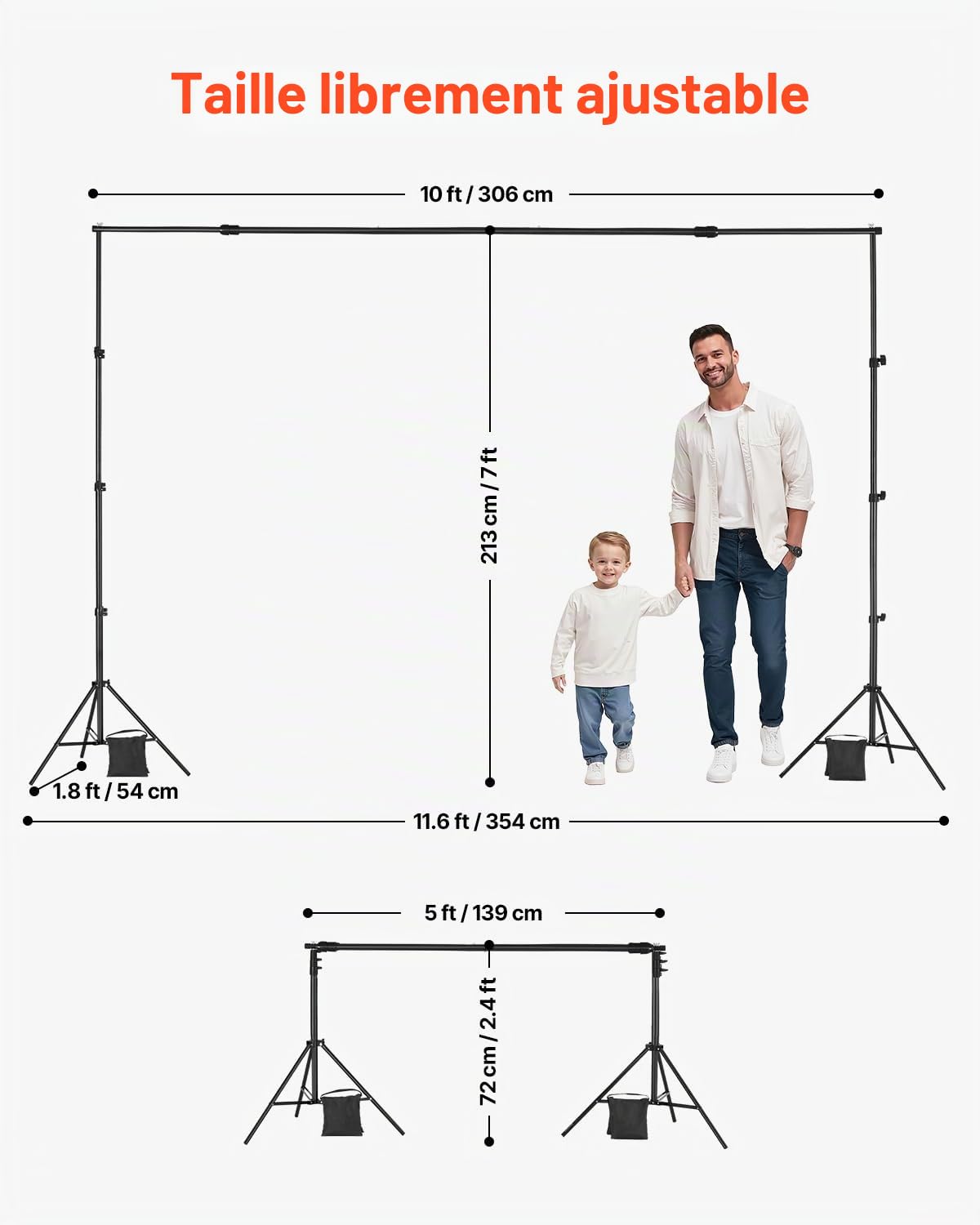 VEVOR Support Toile de Fond 213 x 300 cm, Kit Support Fond Photo Réglable, en Acier au Carbone, Portable, avec 3 Barres Transversales, pour Écran de Projection Mariage Studio Photographie Exposition