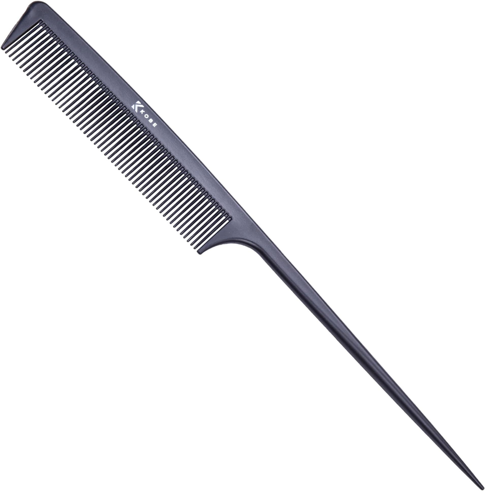 Kobe Professional Carbon Fibre Tail Comb, Fine Teeth Lightweight, Shatter-Proof, Anti-Static and resistant to high temperatures. Back combing, weaving, tinting, perming & styling, 227mm long.
