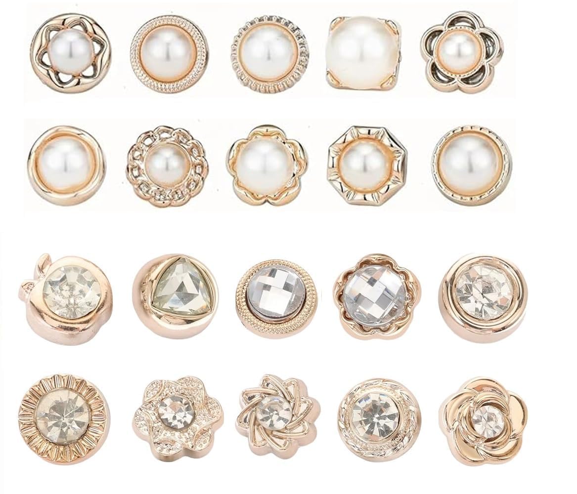JDM IMPEX ULB 30 Pcs Pearl & Diamond Brooch Button Pins for Women – No-Sew Shirt Button Covers – Decorative Mini Brooch for Sarees, Dresses, Cardigans, Shirts & Bags – DIY Craft Accessories, Quick Styling Fix-image-29