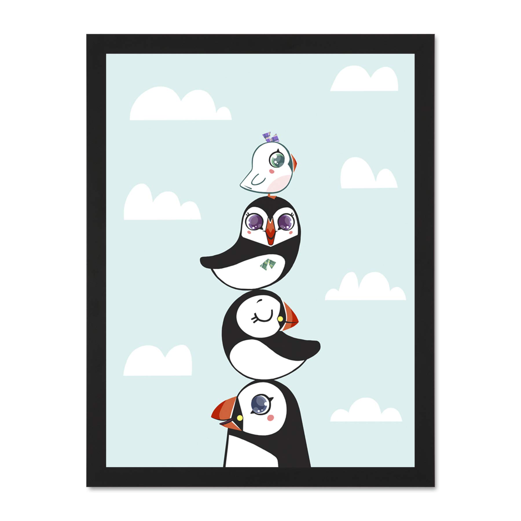 Wee Blue Coo Puffins Family Stacked Large Framed Art Print Wall Poster 18x24 inch