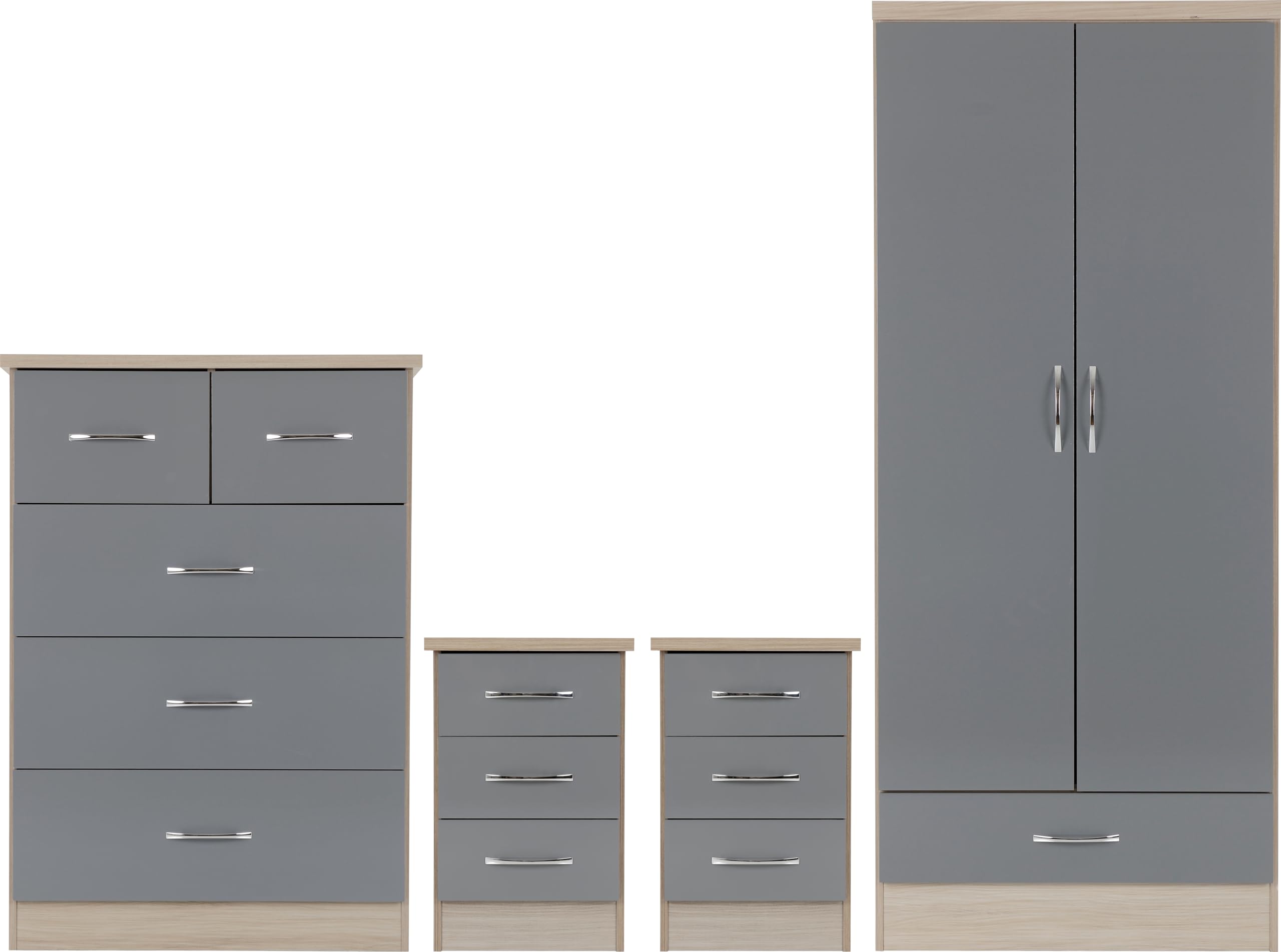 Seconique Grey/Light Nevada Nevada 2 Door 1 Drawer Wardrobe Bedroom Set - Gloss And Oak