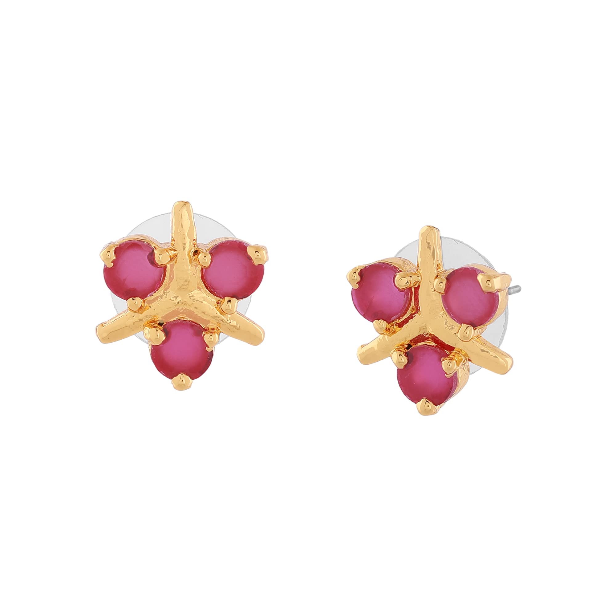 24Kt Plated Stone-Studded Floral Stud Earrings with Ruby CZ