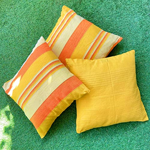 Image of RANGBHAR Handloom Cushion Covers with Concealed Top Zip, Set of 3, Striped, 16 x 16 inch, Yellow