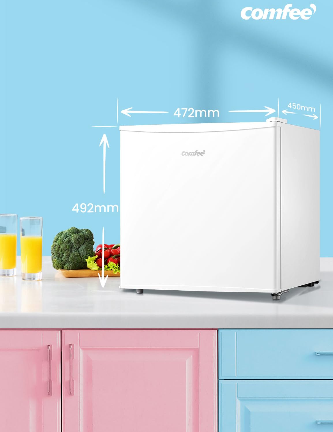 Comfee RCD50WH2(E) Mini Kühlschrank / 43L Kühlbox mit Eisfach/Kühlschrank Klein für Zimmer & Büro/Schnelle Kühlung in der Chiller Box/Temperaturregelung/Verstellbare Füße / 80 kWh/Jahr/Weiß