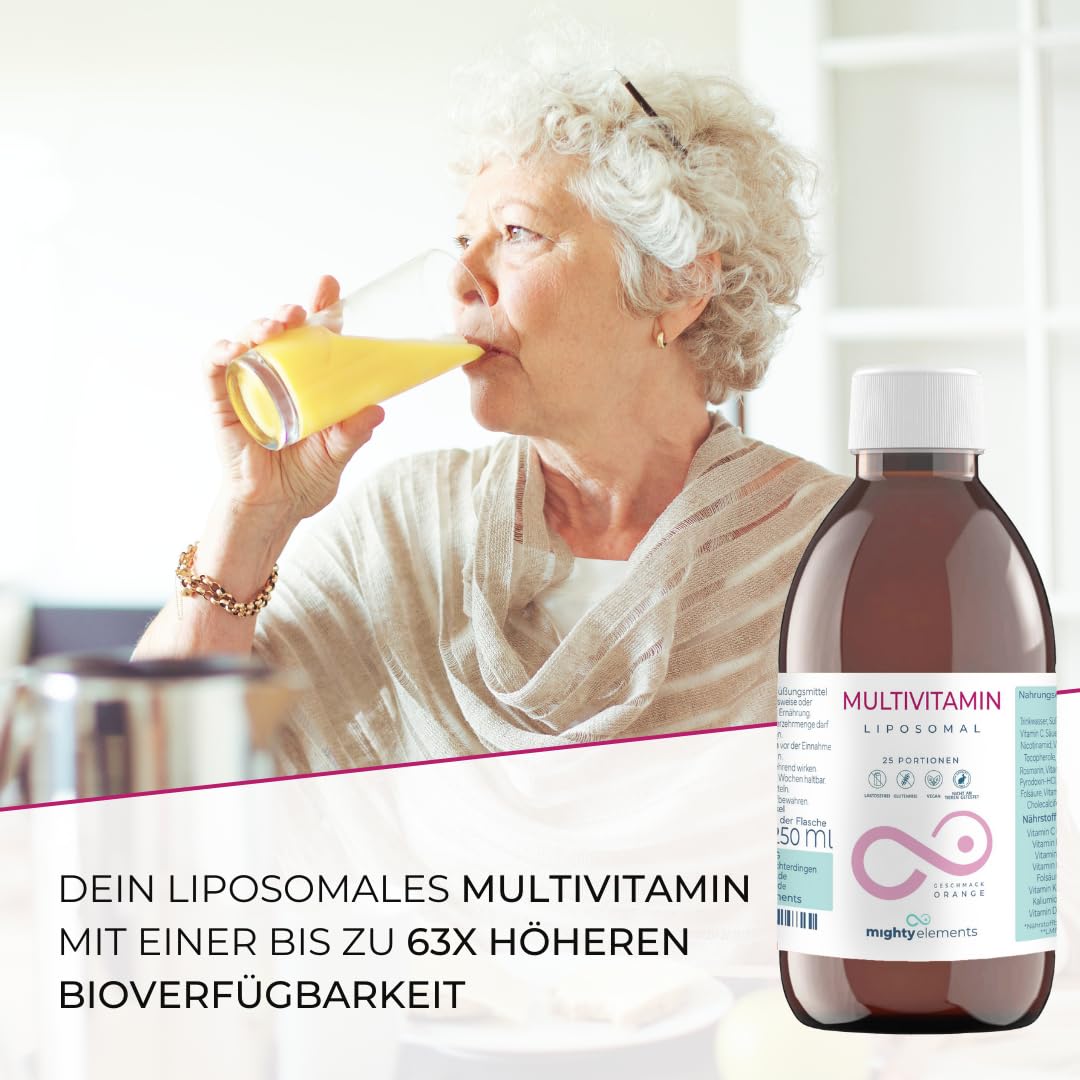 Mighty Elements Liposomales Multivitamin 250ml Vitamin C 200mg Vegan | 16 Vitamine & Mineralstoffe, B-Komplex, D3, K2 (MK-7), Folat, Biotin, 25 Portionen, Blutorange, Made in Germany
