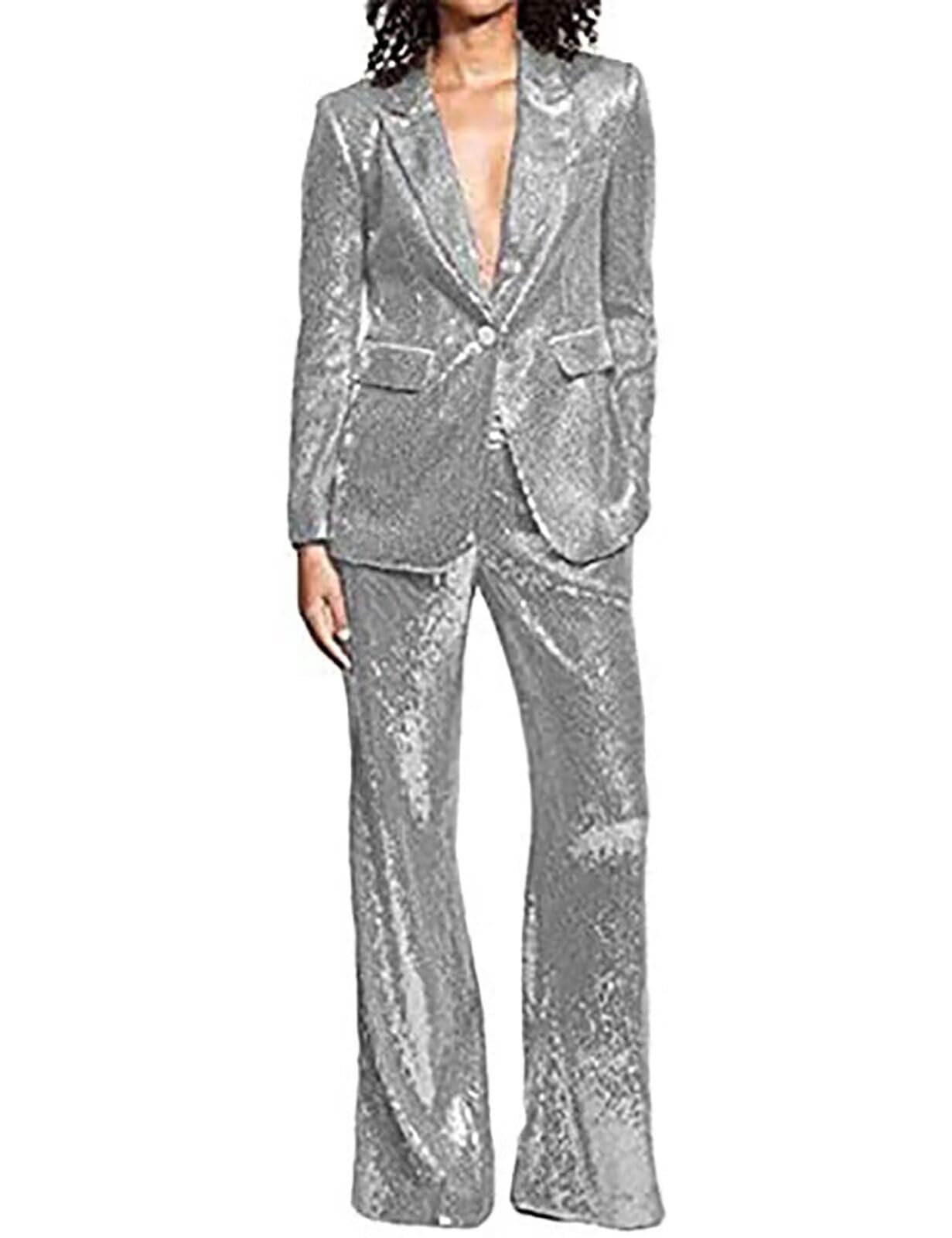 Pant Suits for Women Dressy Sequined Blazer Sets Women 2 Piece Outfits One Button Womens Pant Suit
