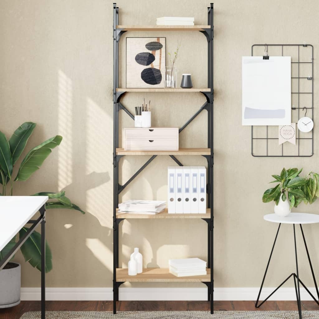 Bücherregal mit Metallrahmen, 5 Fächer, 56x31,5x174 cm, Standregal aus Holzwerkstoff in Sonoma-Eiche, viel Stauraum für Bücher und Dekoration, pflegeleicht mit feuchtem Tuch,
