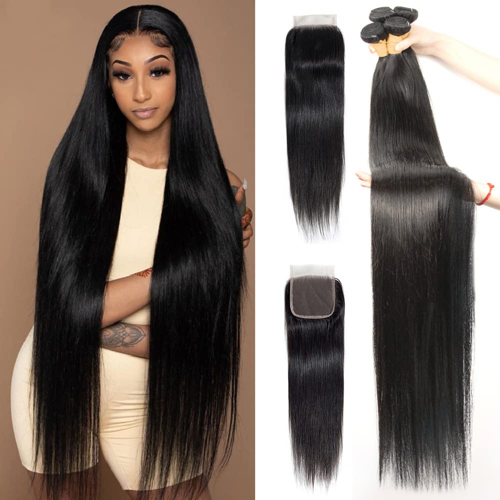 Human Hair Straight 4 Bundles with 4X4 Lace Closure Brazilian Human Hair Bundles with Closure Double Strong Weft Straight Bundles with Closure Swiss 4X4 Lace Closure with Straight Bundles