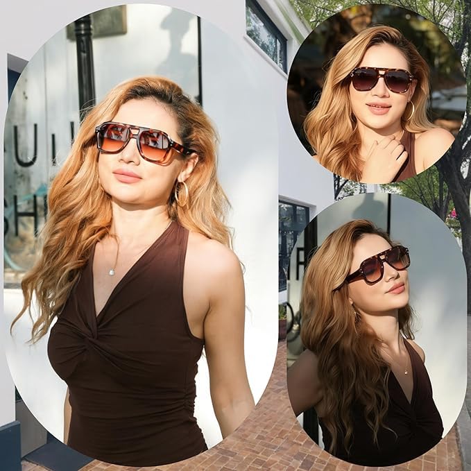 Image of FEISEDY Vintage Aviator Sunglasses Double Bridge Women Men Large Square Thick Frame Trendy Eyewear UV400 B2846