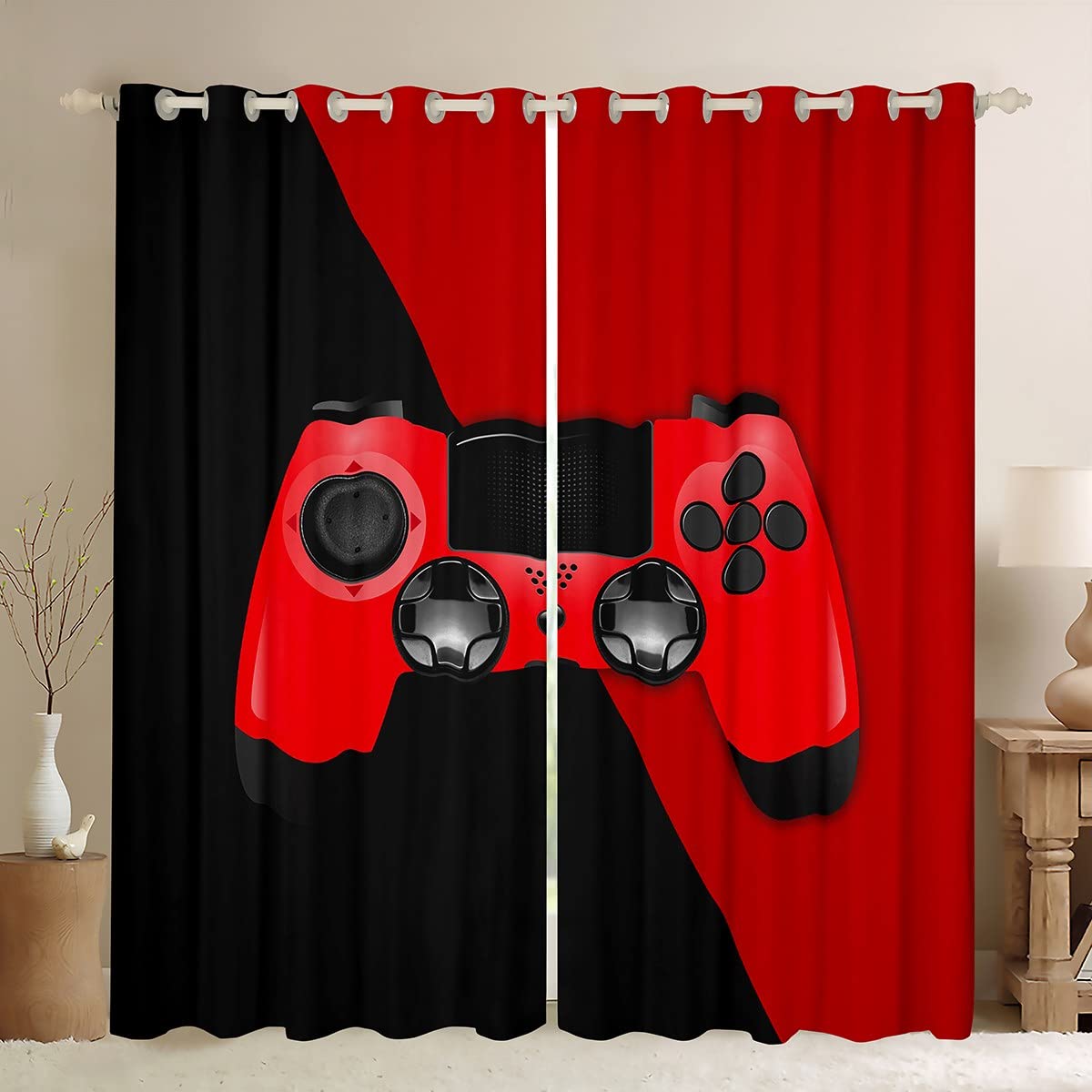 Games Curtains for Bedroom Boys Video Game Gamepad Darkening Curtain Kids Toddler Gaming Thermal Insulated Window Drapes Red Black Console Gamepad Window Treatment Set W46*L54